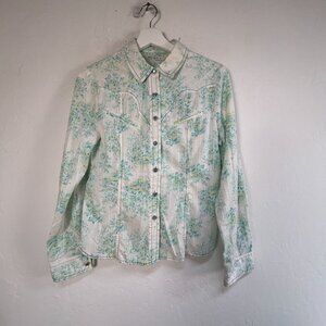 Chatelaine Womens Floral Print Button Up Western Shirt Size 95 Light Blue White